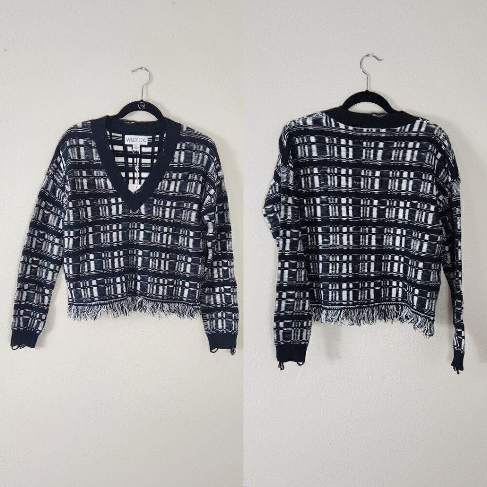 Wildfox Reese Ritzy Fringe Hem Sweater in Black and White NWT Size Small